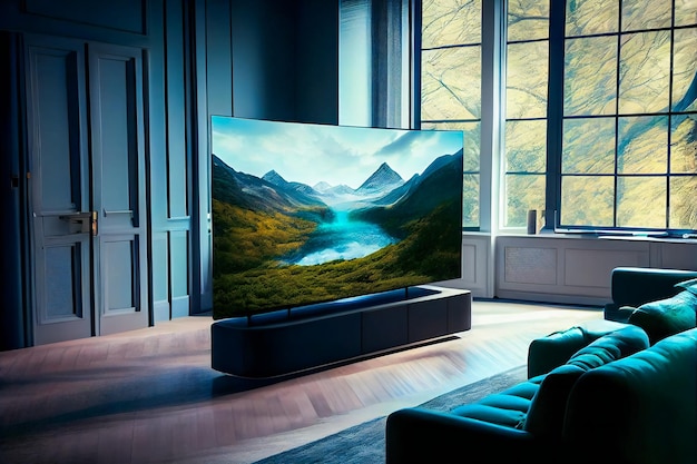 Grande TV em uma sala de estar Elegante sala de estar com grande tela de tv Generative AIxA