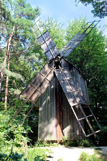 Grande velho moinho em pé na floresta