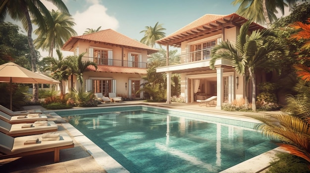 Grande vila de férias branca casa de férias relaxante cercada por palmeiras gerada por IA