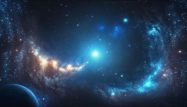 Grande visão panorâmica de um azul escuro colorido no espaço com galáxias brilhantes de estrelas brilhantes e universo profundo Generative AI