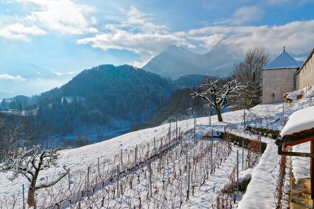 Grande vista do castelo de Gruyères em uma bela paisagem de inverno. Região de Gruyère, província de Friburgo, Suíça