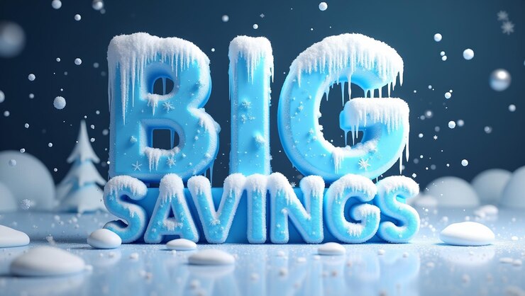 Foto grandes ahorros en 3d en letras heladas con copos de nieve helados en escena de invierno