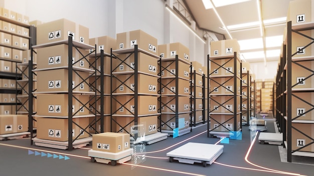 Grandes armazéns usam robôs de transporte para pegar as fileiras de mercadorias usando automação no gerenciamento de produtos Connectingwarehouse and technologyrenderização em 3D