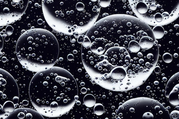 Grandes bolhas de água transparentes com oxigênio em fundo preto