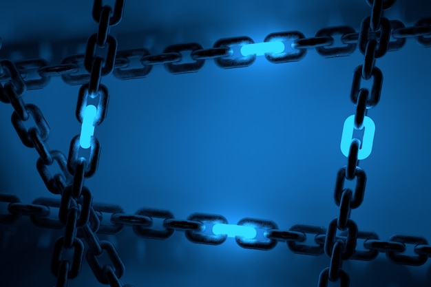 Grandes cadeias com links de néon azul brilhante frame fundo