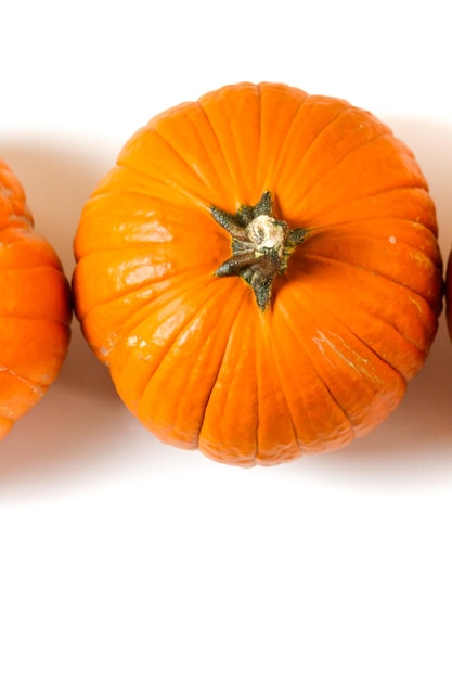 Grandes calabazas naranjas sobre un fondo blanco.