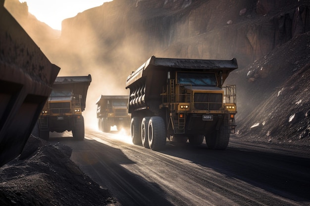 Grandes caminhões carregados de carvão passam pela área de mineração sob a luz do sol deslumbrante