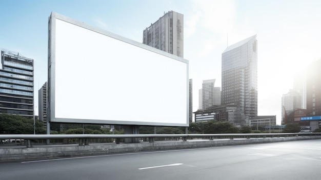 Grandes carteles blancos vacíos se encuentran al borde de la carretera en la ciudad con el telón de fondo de cielo azul y casas Copiar fondo de banner espacial para publicidad