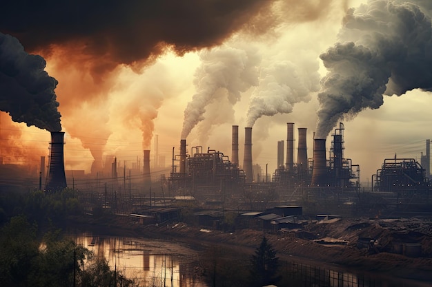 Las grandes chimeneas industriales emiten humo denso que conduce a la contaminación del aire en un contexto de un aburrido y