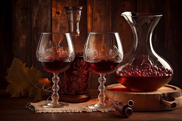 Grandes copas de vino y decantador con vino tinto sobre mesa de madera