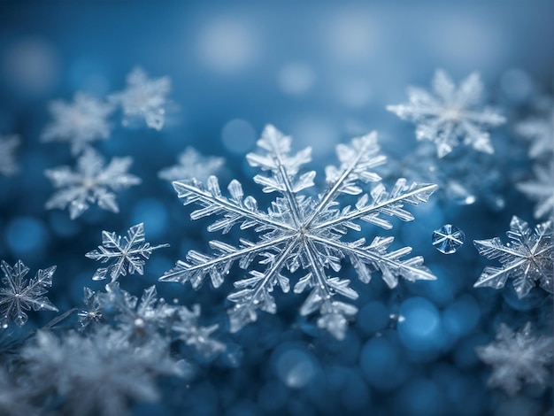 Grandes copos de nieve detallados sobre un fondo azul