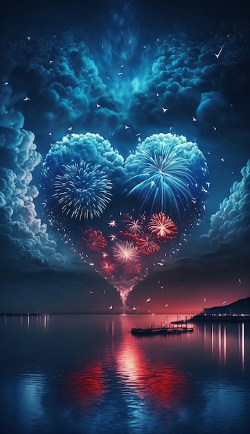 grandes corações e fogos de artifício, rerolando fogos de artifício como flores, grandes fogos de artifício