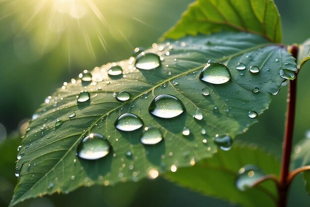 Grandes e belas gotas de água de chuva transparente em uma folha verde macro Gotas de orvalho pela manhã brilham ao sol Bela textura de folha na natureza Fundo natural