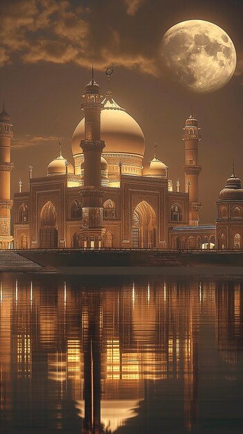 Foto uno de los grandes edificios con una gran mezquita fondo para el mes sagrado musulmán de ramadán kareem