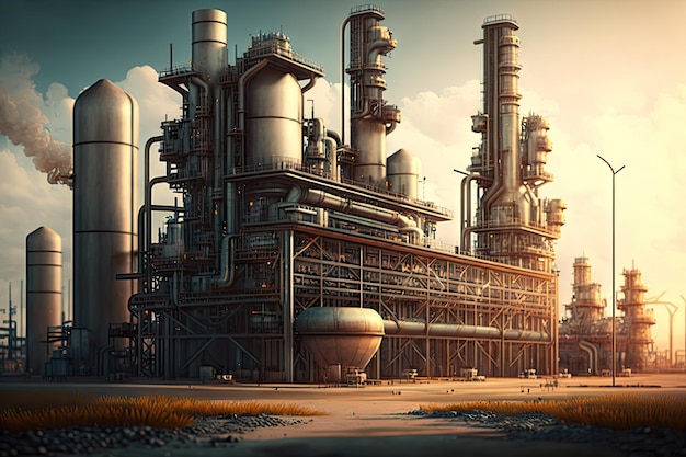 Grandes edificios de oficinas en el complejo de refinería para el procesamiento de petróleo creados con IA generativa