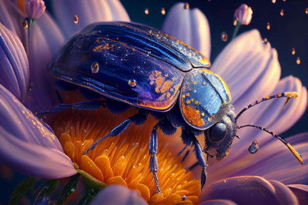 Foto grandes escarabajos y flores frescas