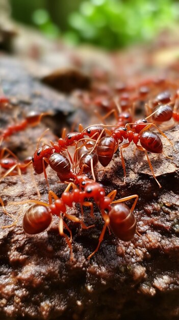 Las grandes especies de hormigas de fuego rojo posan una gran imagen de arte generado por la IA