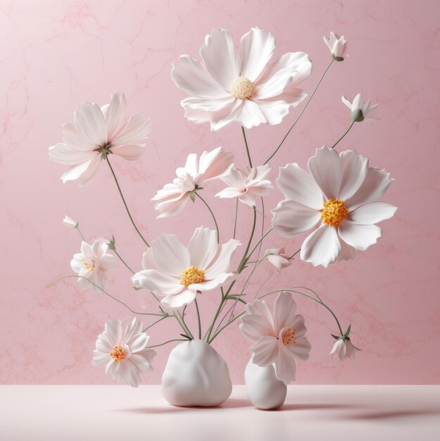 Foto grandes flores blancas sobre un fondo de color rosa pálido