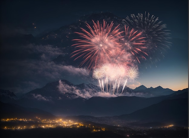 Grandes fogos de artifício no céu noturno montanhas e luzes da cidade paisagem