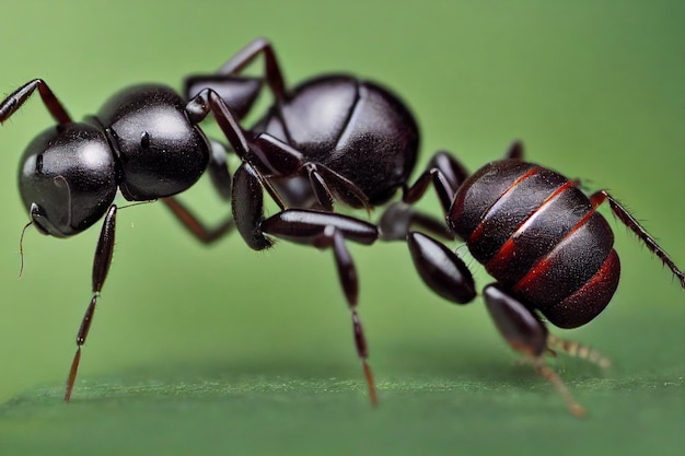 Grandes formigas pretas com corpo brilhante sobre fundo verde claro