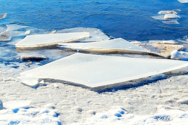 Grandes fragmentos de gelo na margem do rio