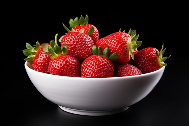 Grandes fresas frescas en un recipiente blanco aislado en un fondo negro