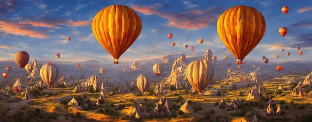 Grandes globos vuelan sobre las montañas de Capadocia en Turquía, una atracción turística Mañana increíble paisaje 3d ilustración