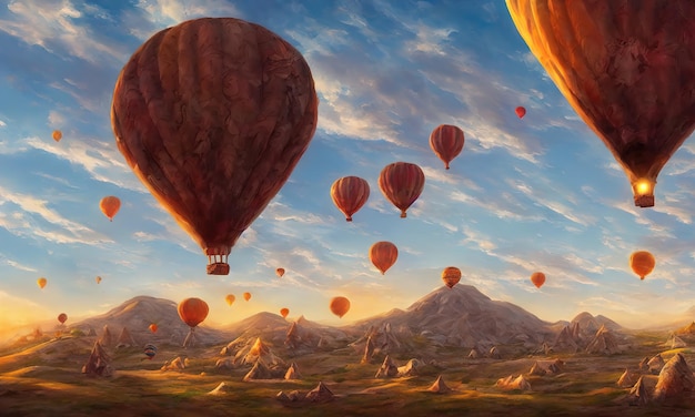 Grandes globos vuelan sobre las montañas de Capadocia en Turquía, una atracción turística Mañana increíble paisaje 3d ilustración