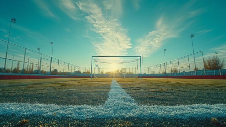 Grandes goles de fútbol tribuna tiro cerrado vista del rostro vista delantera foto simétrica usar una cámara Hasselblad para garantizar la más alta calidad y atención al detalle