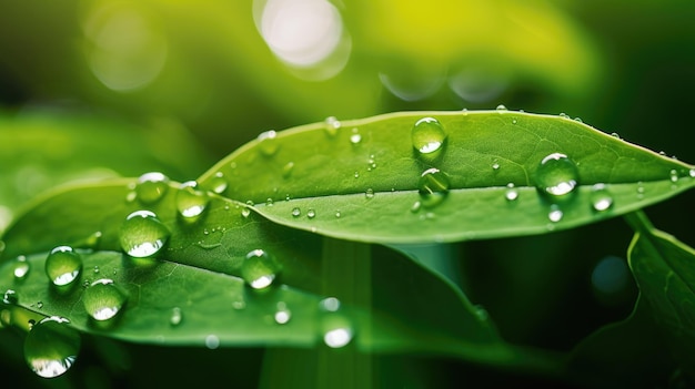 Grandes gotas de agua de lluvia transparente sobre hojas verdes en el fondo del sol Generativo ai