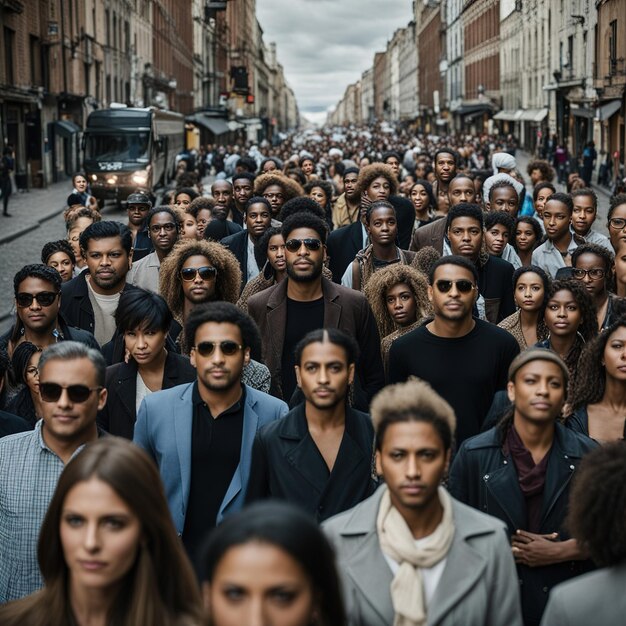 Grandes grupos de personas de pie en la calle