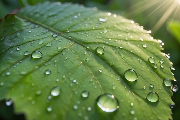 Grandes y hermosas gotas de agua de lluvia transparente en una hoja verde macro Gotas de rocío por la mañana brillan al sol hermosa textura de hojas en la naturaleza Fondo natural