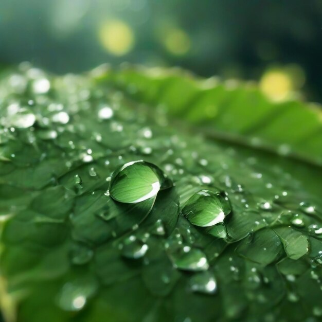 Grandes y hermosas gotas de agua de lluvia transparente en una hoja verde macro Gotas de rocío por la mañana