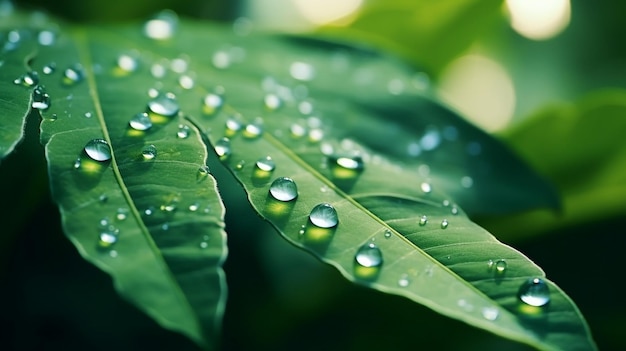 Grandes y hermosas gotas de agua de lluvia transparente sobre una macro de hoja verde Gotas de rocío IA generativa