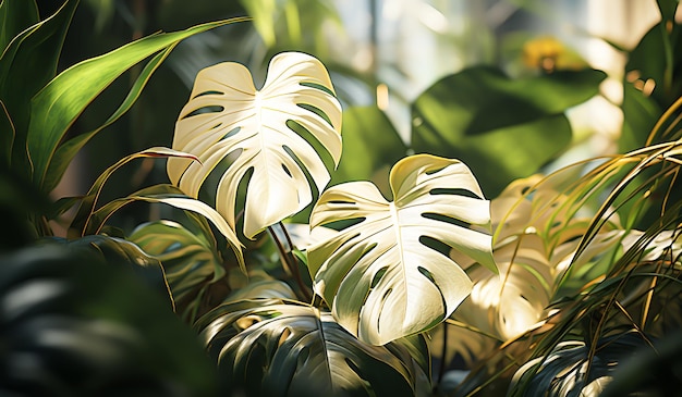 Grandes hojas de monstera verdes y doradas generadas por IA