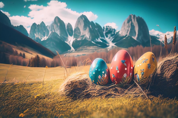 Grandes huevos de pascua en un prado con montañas generativas ai