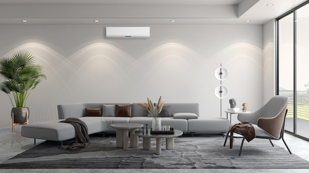 Grandes interiores brilhantes modernos de luxo com renderização em 3D de ilustração de ar condicionado
