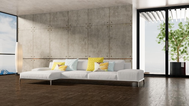 Grandes interiores brilhantes modernos de luxo Ilustração de maquete de sala de estar 3D renderizando imagem digitalmente gerada