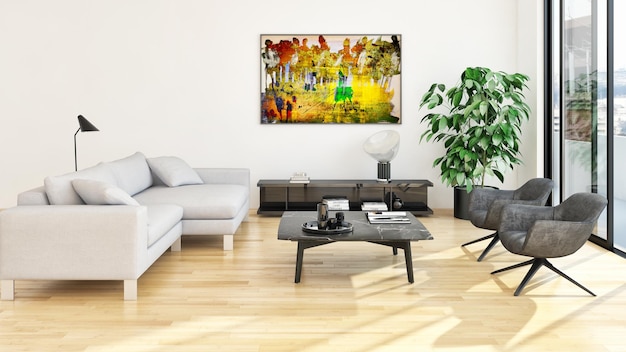 Grandes interiores brilhantes modernos de luxo Ilustração de sala de estar 3D renderizando imagem digitalmente gerada