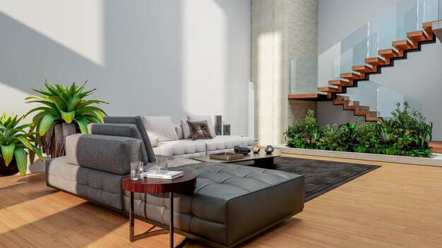 Grandes interiores de lujo modernos y luminosos Ilustración de maqueta de sala de estar Representación 3D Imagen generada digitalmente por computadora