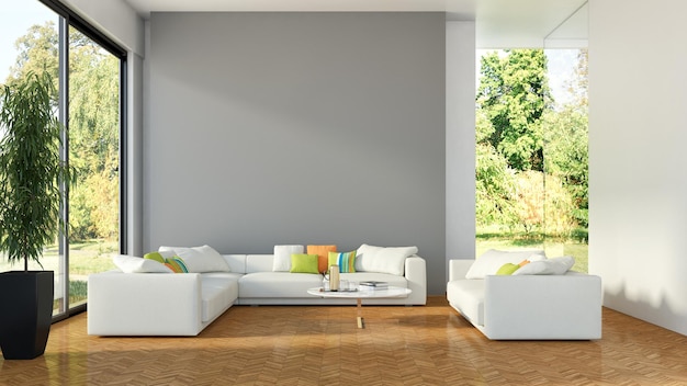 Grandes interiores de lujo modernos y luminosos Ilustración de la sala de estar Imagen generada digitalmente por computadora de renderizado 3D