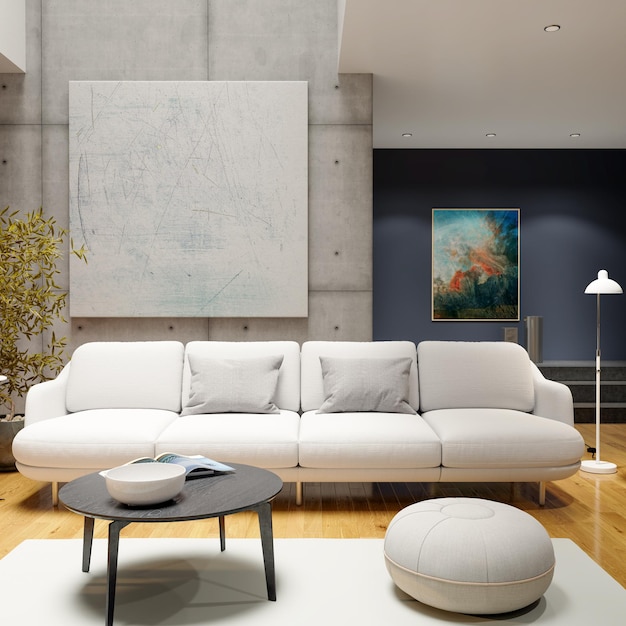 Grandes interiores modernos de luxo e brilhantes Ilustração de maquete de sala de estar Imagem de renderização 3D