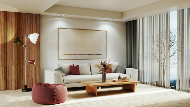Grandes interiores modernos de luxo e brilhantes Ilustração de maquete de sala de estar Imagem de renderização 3D