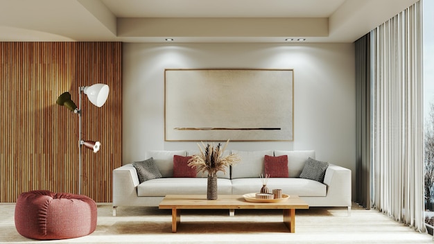 Grandes interiores modernos de luxo e brilhantes Ilustração de maquete de sala de estar Imagem de renderização 3D