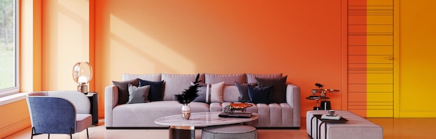 Grandes interiores modernos e brilhantes de luxo Ilustração de banner de maquete de sala de estar 3D renderizando imagem digitalmente gerada por computador