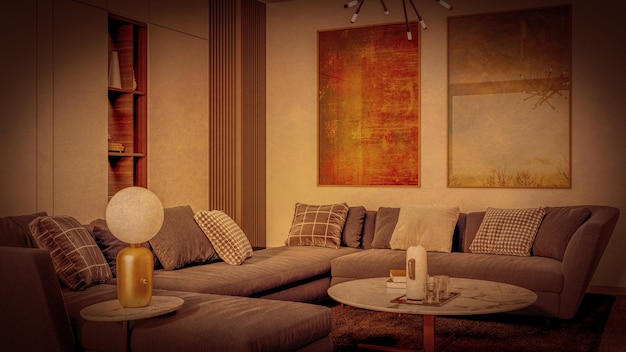 Grandes interiores modernos e luminosos de luxo para casa Sala de estar mockup banner ilustração vintage 3D renderin