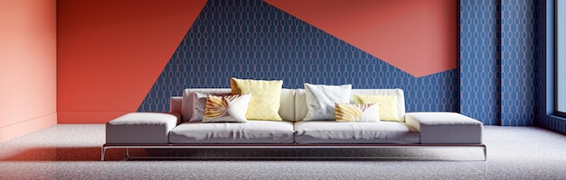 Grandes interiores modernos y luminosos de lujo Ilustración de banner de maqueta de sala de estar Representación 3D Imagen generada digitalmente por computadora