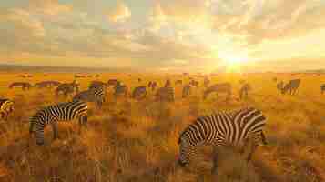 Foto grandes manadas de cebras pastan en las llanuras cubiertas de hierba del serengeti el sol se pone en el fondo proyectando un resplandor dorado sobre la escena