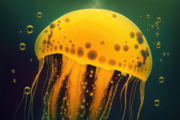 Grandes medusas fantásticas difusas en el espacio sobre fondo marrón amarillo creadas con ai generativo