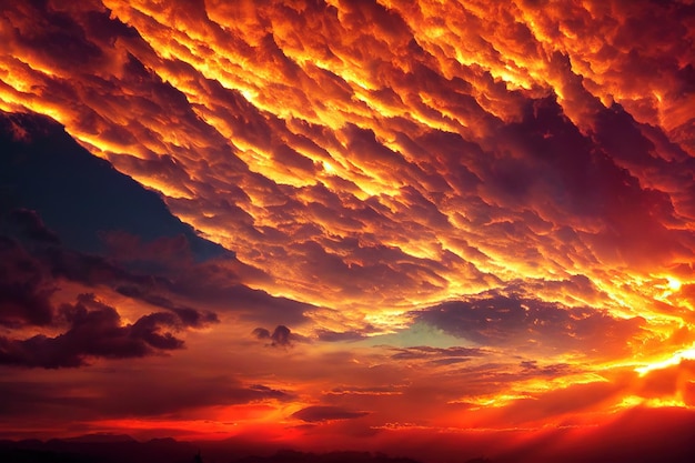 Grandes nubes doradas y anaranjadas a la luz del sol del cielo dramático de la puesta del sol